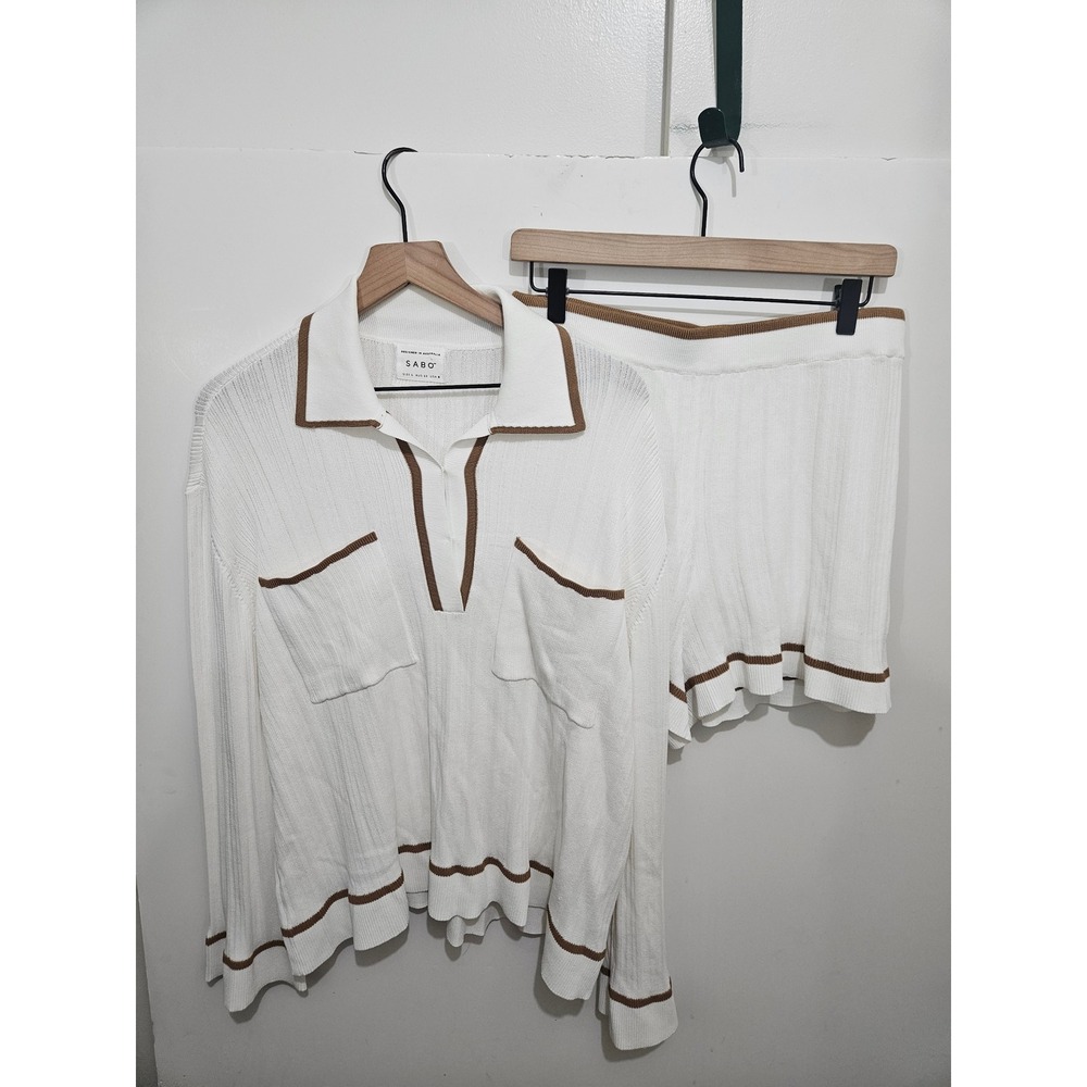 SABO Knit Matching Set L US 8 White Brown Polo Sweater Shorts Coastal Preppy